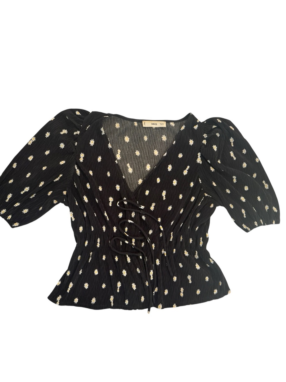 Mango Black Puff Sleeve Tie-Front Peplum Blouse Sz S
